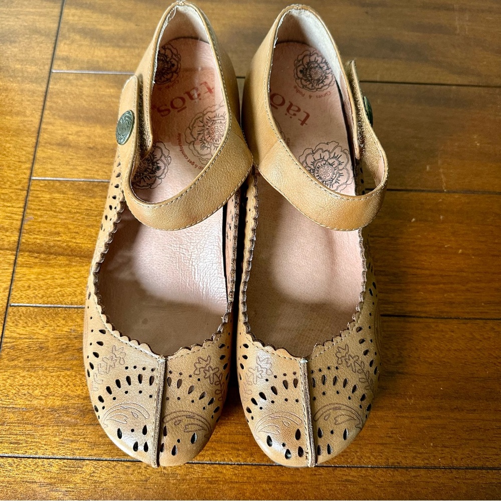Taos Tango Tan Brown Leather Women Mary Jane Wedge Block Cutout Shoes Size 7 38 - Picture 5 of 10